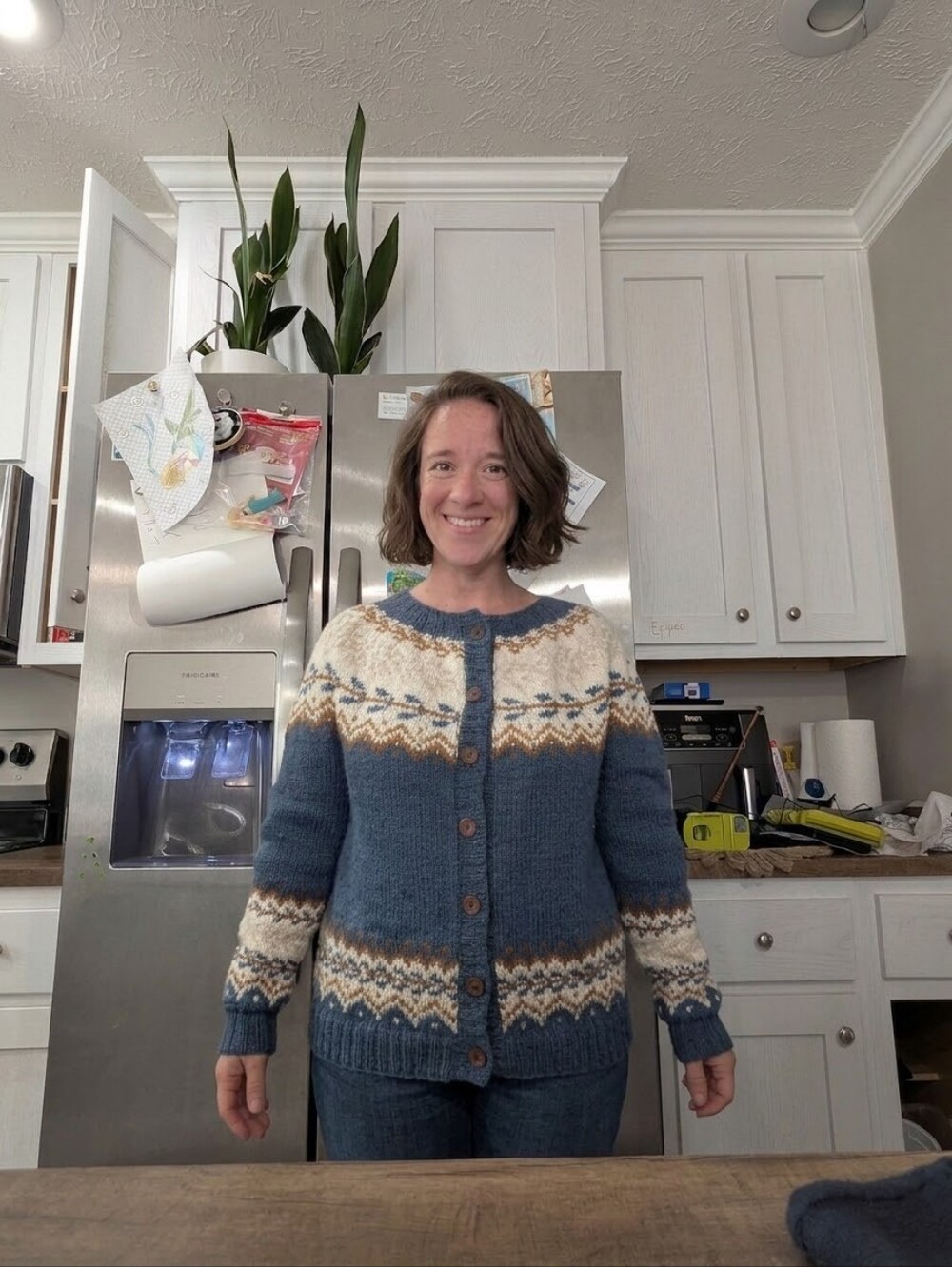 Hand Knit Blue Fair Isle Button-Up Sweater Cardigan - Picture 10 of 10